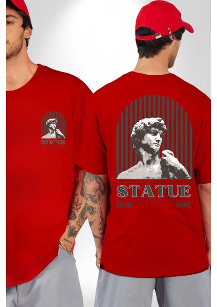 Statü Davut Heykeli Cep Sırt Baskılı Pamuklu Penye Kadın Erkek Kırmızı Tişört fırsatları