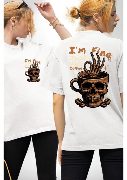 Iskelet Kupa Sadece Iyi Kahveye Ihtiyacım Var Cep Sırt Baskılı Pamuklu Penye Kadın Erkek Beyaz Tişört
