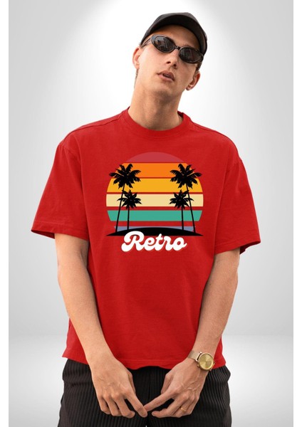 Retro Palmiye Güneş 80 90 Grafik Baskılı Pamuklu Penye Kadın Erkek Kırmızı Tişört indirimleri