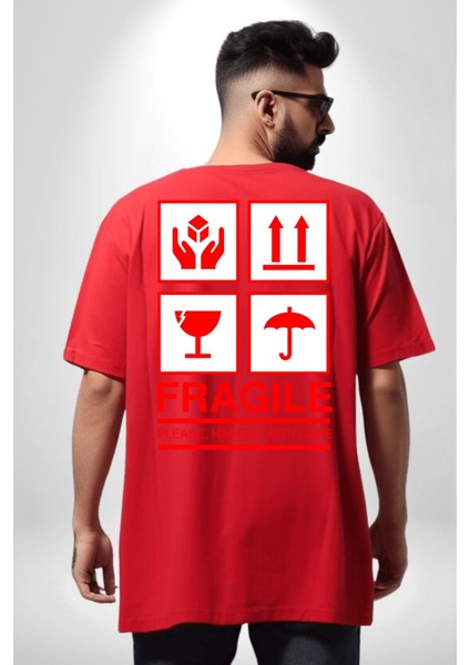 Kırılabilir - Dikkatli Taşıyınız Işareti Cep Sırt Baskılı Pamuklu Penye Kadın Erkek Kırmızı Tişört modelleri