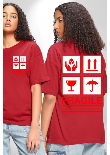 Kırılabilir - Dikkatli Taşıyınız Işareti Cep Sırt Baskılı Pamuklu Penye Kadın Erkek Kırmızı Tişört fırsatları