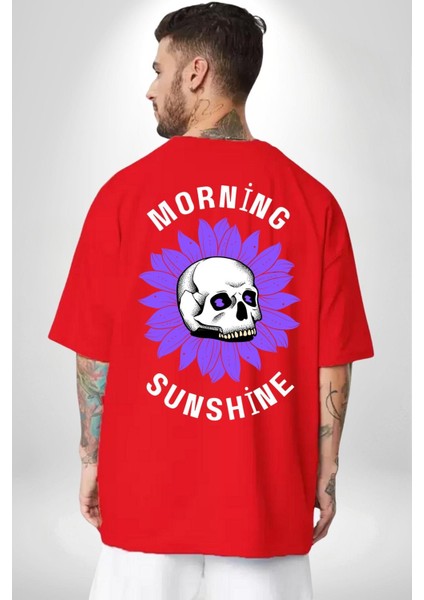 Polen Kafatası Mor Çiçek Sırt Baskılı Pamuklu Penye Kadın Erkek Kırmızı Tişört
