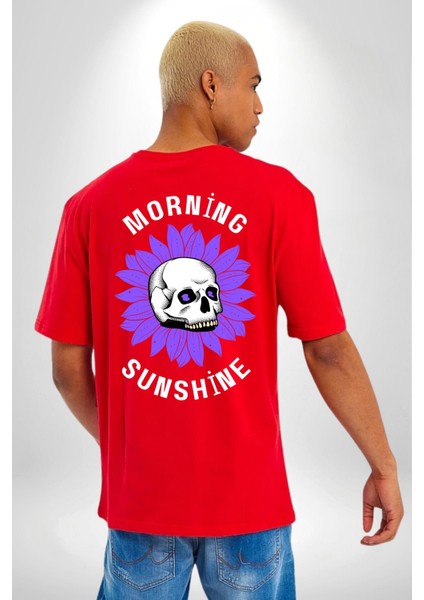 Polen Kafatası Mor Çiçek Sırt Baskılı Pamuklu Penye Kadın Erkek Kırmızı Tişört modelleri