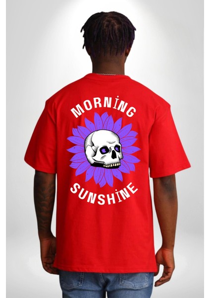 Polen Kafatası Mor Çiçek Sırt Baskılı Pamuklu Penye Kadın Erkek Kırmızı Tişört fırsatları