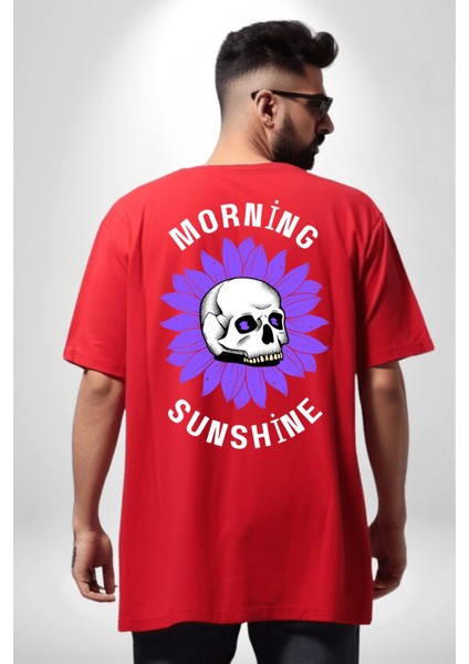 Polen Kafatası Mor Çiçek Sırt Baskılı Pamuklu Penye Kadın Erkek Kırmızı Tişört indirimleri