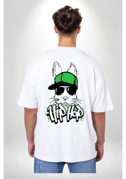 Paskalya Tavşanı Hip Hop Yeşil Şapka Sırt Baskılı Pamuklu Penye Kadın Erkek Beyaz Tişört