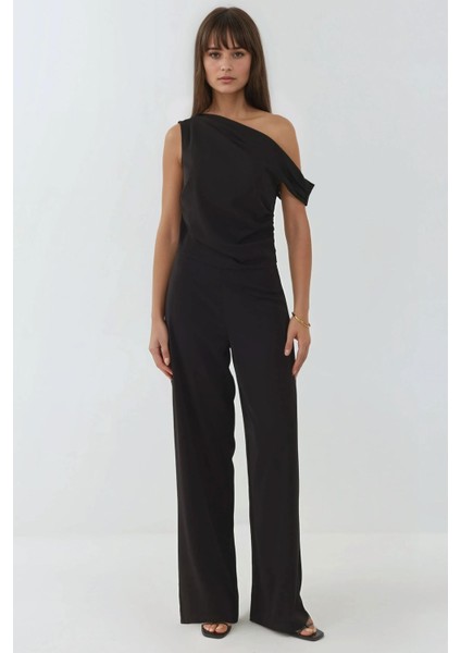 Kadın Asimetrik Yaka Tulum Siyah