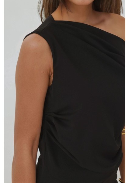 Kadın Asimetrik Yaka Tulum Siyah