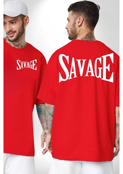 Vahşi Yazılı Cep Sırt Baskılı Pamuklu Penye Kadın Erkek Kırmızı Tişört