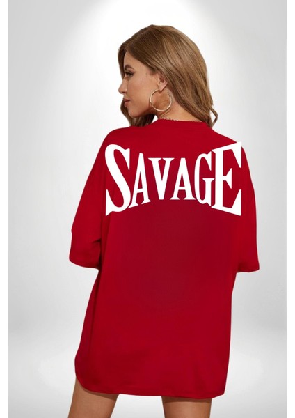 Vahşi Yazılı Cep Sırt Baskılı Pamuklu Penye Kadın Erkek Kırmızı Tişört modelleri