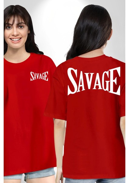 Vahşi Yazılı Cep Sırt Baskılı Pamuklu Penye Kadın Erkek Kırmızı Tişört fırsatları