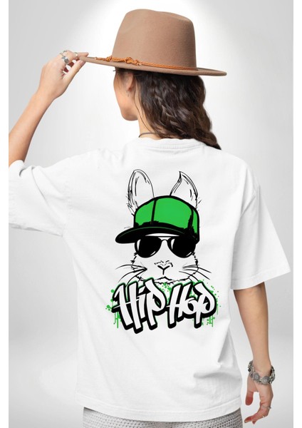Paskalya Tavşanı Hip Hop Yeşil Şapka Sırt Baskılı Pamuklu Penye Kadın Erkek Beyaz Tişört modelleri