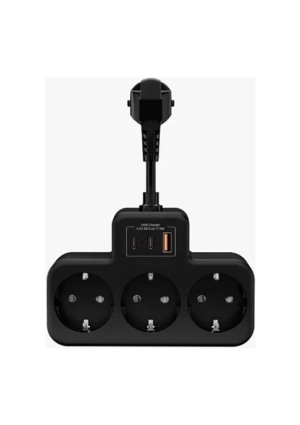 Çoklu Kablolu Priz Yüksek Gerilim Korumalı 3’lü Priz 1x USB 2x Type-C Çıkışlı Grup Priz Çoğaltıcı Siyah