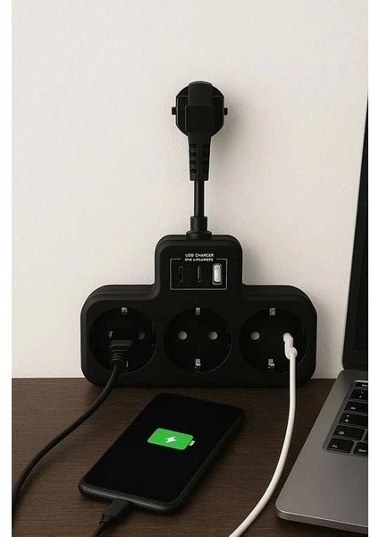 Çoklu Kablolu Priz Yüksek Gerilim Korumalı 3’lü Priz 1x USB 2x Type-C Çıkışlı Grup Priz Çoğaltıcı Siyah fiyatları
