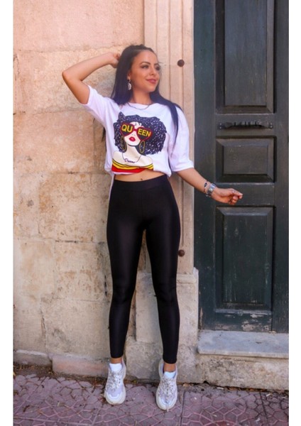 Kadın Yüksek Bel Tam Toparlayıcı Siyah Parlak Disco Tayt