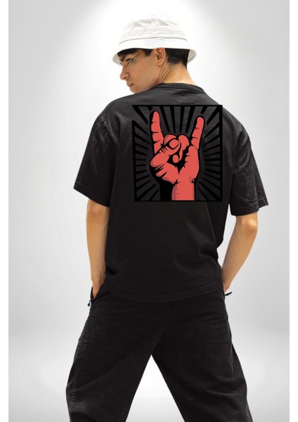Rock On El Işareti Metal Horns Sembolü Sırt Baskılı Pamuklu Penye Kadın Erkek Siyah Tişört