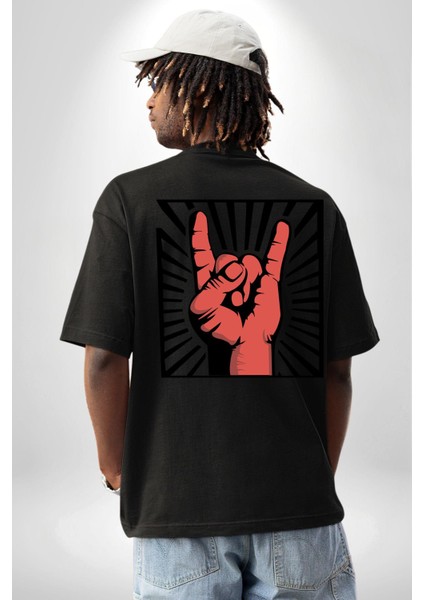 Rock On El Işareti Metal Horns Sembolü Sırt Baskılı Pamuklu Penye Kadın Erkek Siyah Tişört fiyatları