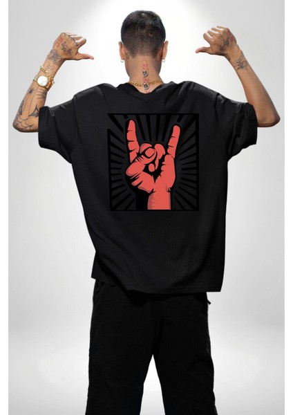 Rock On El Işareti Metal Horns Sembolü Sırt Baskılı Pamuklu Penye Kadın Erkek Siyah Tişört modelleri