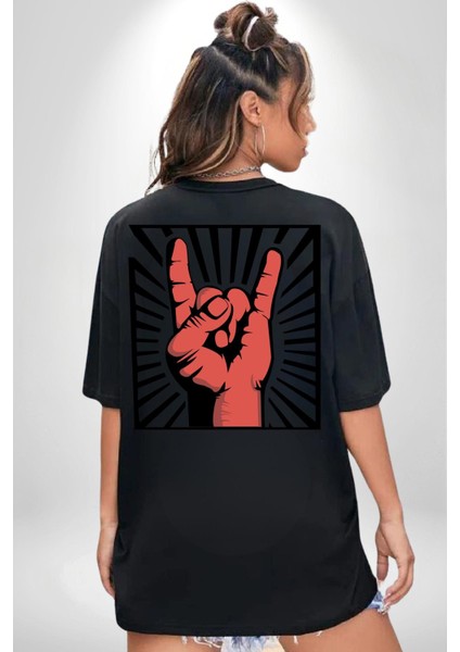 Rock On El Işareti Metal Horns Sembolü Sırt Baskılı Pamuklu Penye Kadın Erkek Siyah Tişört fırsatları