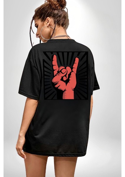 Rock On El Işareti Metal Horns Sembolü Sırt Baskılı Pamuklu Penye Kadın Erkek Siyah Tişört indirimleri