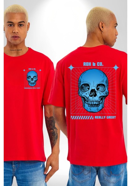 Sokak Sitili Kurukafa Cep Sırt Baskılı Pamuklu Penye Kadın Erkek Kırmızı Tişört