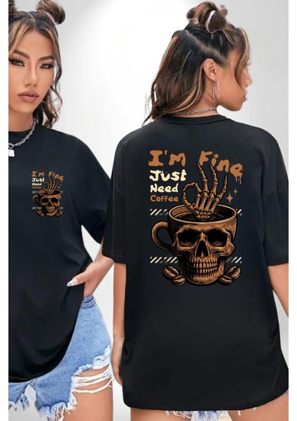 Iskelet Kupa Sadece Iyi Kahveye Ihtiyacım Var Cep Sırt Baskılı Pamuklu Penye Kadın Erkek Siyah Tişört