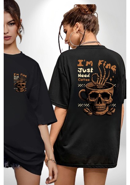 Iskelet Kupa Sadece Iyi Kahveye Ihtiyacım Var Cep Sırt Baskılı Pamuklu Penye Kadın Erkek Siyah Tişört fırsatları