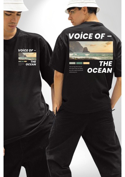 Okyanusun Sesi Cep Sırt Baskılı Pamuklu Penye Kadın Erkek Siyah Tişört