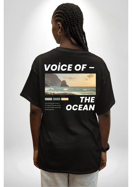 Okyanusun Sesi Cep Sırt Baskılı Pamuklu Penye Kadın Erkek Siyah Tişört fiyatları