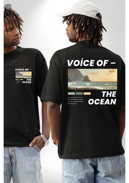 Okyanusun Sesi Cep Sırt Baskılı Pamuklu Penye Kadın Erkek Siyah Tişört fırsatları