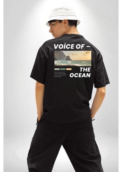 Okyanusun Sesi Cep Sırt Baskılı Pamuklu Penye Kadın Erkek Siyah Tişört indirimleri