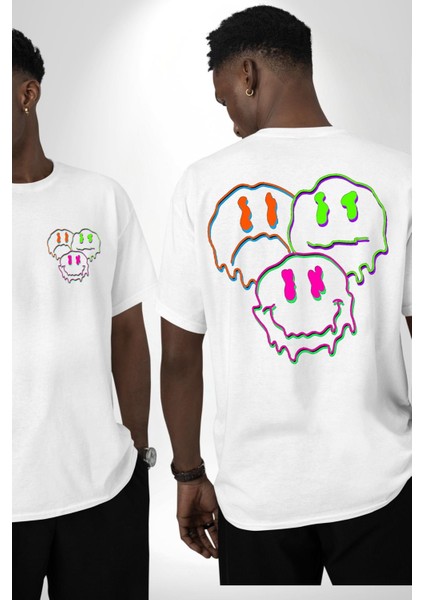 Neon Kafatası Gülen Somurtgan Eriyen Emoji Cep Sırt Baskılı Pamuklu Penye Kadın Erkek Beyaz Tişört