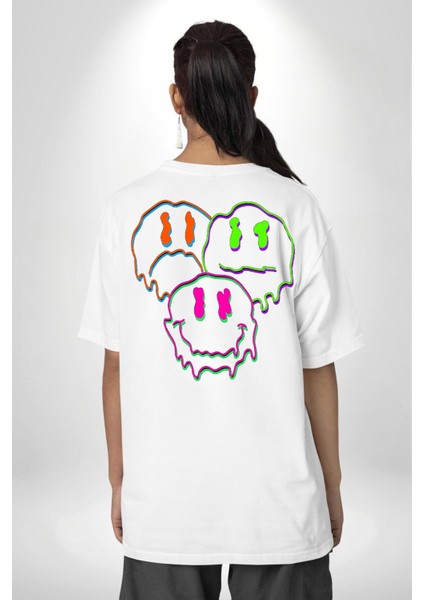 Neon Kafatası Gülen Somurtgan Eriyen Emoji Cep Sırt Baskılı Pamuklu Penye Kadın Erkek Beyaz Tişört fiyatları