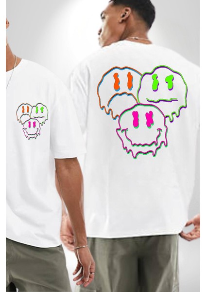 Neon Kafatası Gülen Somurtgan Eriyen Emoji Cep Sırt Baskılı Pamuklu Penye Kadın Erkek Beyaz Tişört fırsatları