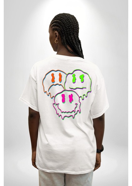 Neon Kafatası Gülen Somurtgan Eriyen Emoji Cep Sırt Baskılı Pamuklu Penye Kadın Erkek Beyaz Tişört indirimleri