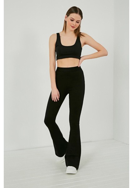 Kadın Siyah Yüksek Bel Ispanyol Paça Tayt