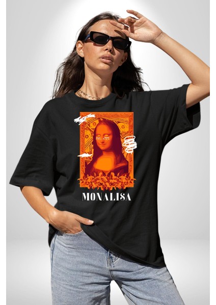 Yeni Nesil Monalisa Grafik Baskılı Pamuklu Penye Kadın Erkek Siyah Tişört