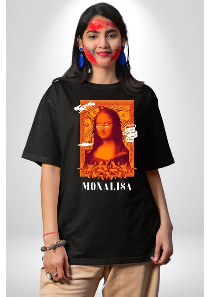Yeni Nesil Monalisa Grafik Baskılı Pamuklu Penye Kadın Erkek Siyah Tişört fiyatları