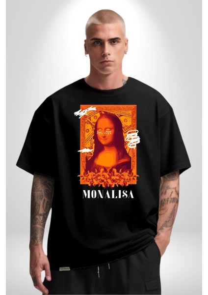 Yeni Nesil Monalisa Grafik Baskılı Pamuklu Penye Kadın Erkek Siyah Tişört modelleri