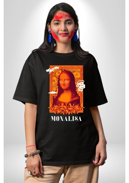 Yeni Nesil Monalisa Grafik Baskılı Pamuklu Penye Kadın Erkek Siyah Tişört fırsatları