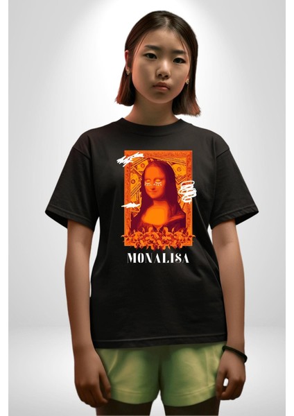 Yeni Nesil Monalisa Grafik Baskılı Pamuklu Penye Kadın Erkek Siyah Tişört indirimleri