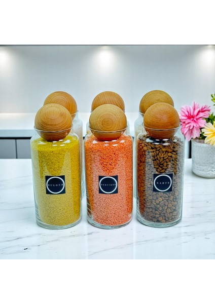 6'lı Ahşap Top Kapaklı Cam Bakliyat ve Erzak Saklama Kavanoz Seti 1400 ml Bakliyat Etiketi Hediyeli