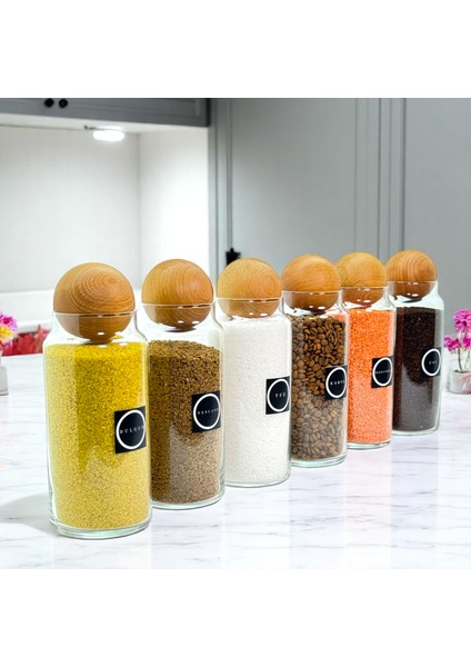 6'lı Ahşap Top Kapaklı Cam Bakliyat ve Erzak Saklama Kavanoz Seti 1400 ml Bakliyat Etiketi Hediyeli indirimleri