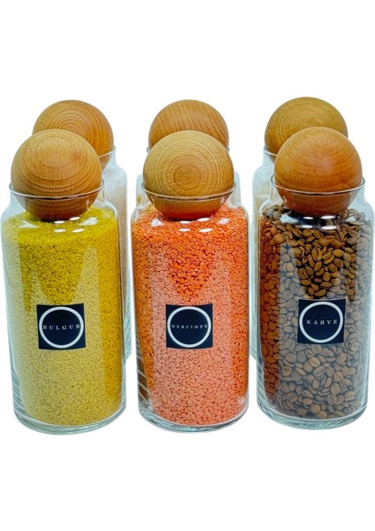 6'lı Ahşap Top Kapaklı Cam Bakliyat ve Erzak Saklama Kavanoz Seti 1400 ml Bakliyat Etiketi Hediyeli
