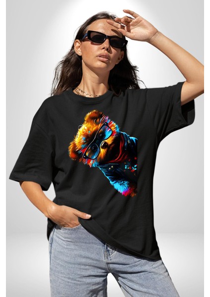Cool Tedy Renkli Ayıcık Gözlük Grafik Baskılı Pamuklu Penye Kadın Erkek Siyah Tişört
