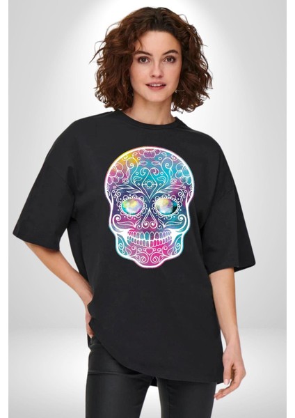 Şeker Kafatası (Day Of The Dead) Grafik Baskılı Pamuklu Penye Kadın Erkek Siyah Tişört