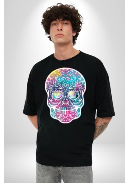 Şeker Kafatası (Day Of The Dead) Grafik Baskılı Pamuklu Penye Kadın Erkek Siyah Tişört fiyatları