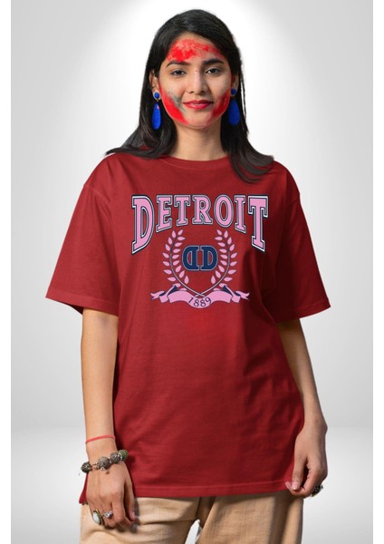 Detroit Kampüs Grafik Baskılı Pamuklu Penye Kadın Erkek Kırmızı Tişört