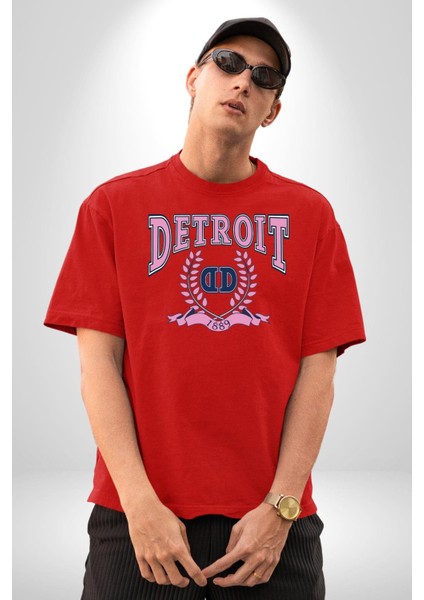 Detroit Kampüs Grafik Baskılı Pamuklu Penye Kadın Erkek Kırmızı Tişört fiyatları