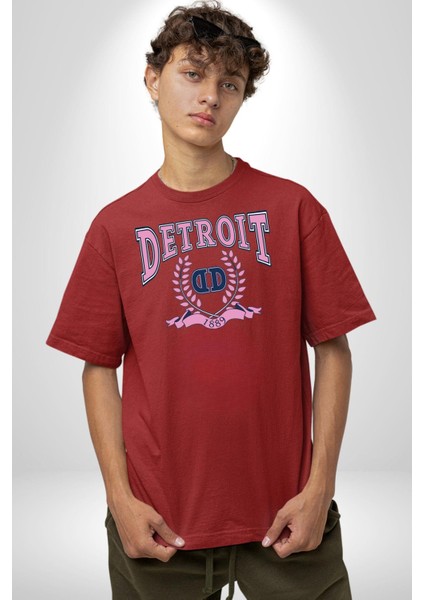 Detroit Kampüs Grafik Baskılı Pamuklu Penye Kadın Erkek Kırmızı Tişört indirimleri